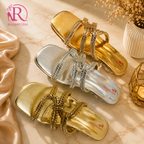 Raahposh Luxe Crystal Cross Strap Block Heels - Gold, Champagne Gold & Silver