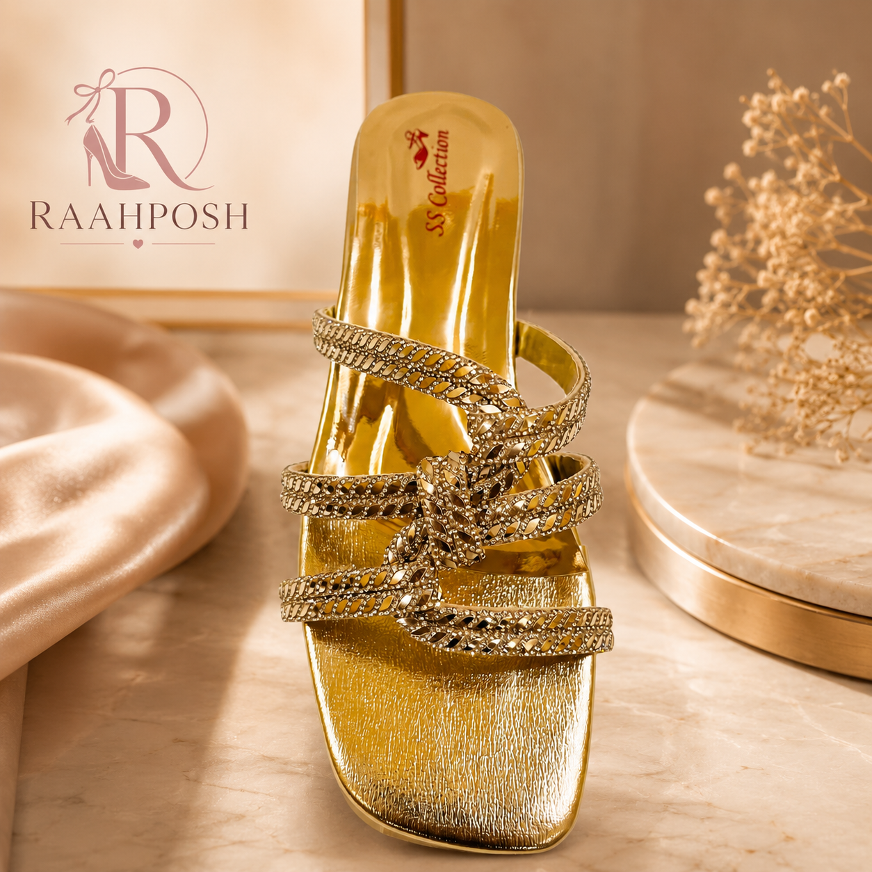 Raahposh Luxe Crystal Cross Strap Block Heels - Gold, Champagne Gold & Silver