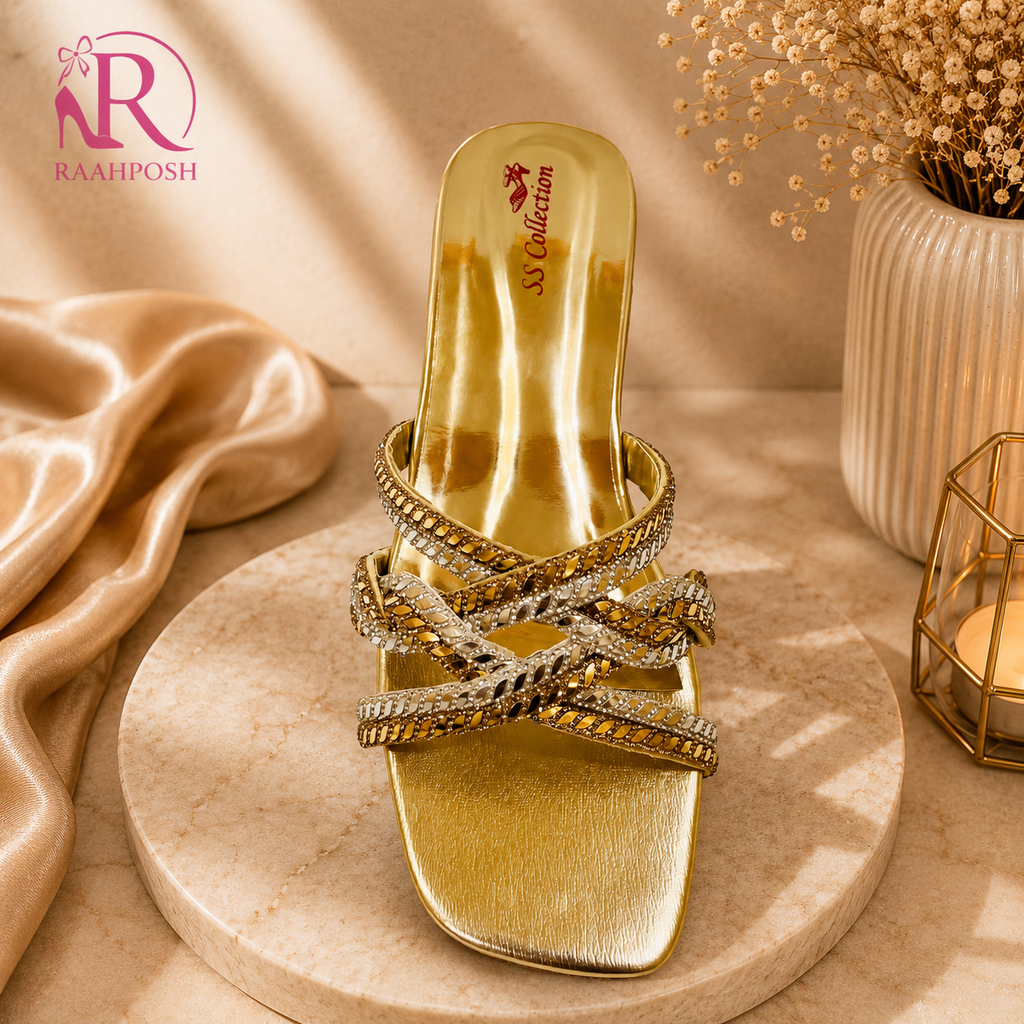 Raahposh Luxe Crystal Double Strap Block Heels - Silver, Gold & Champagne Gold