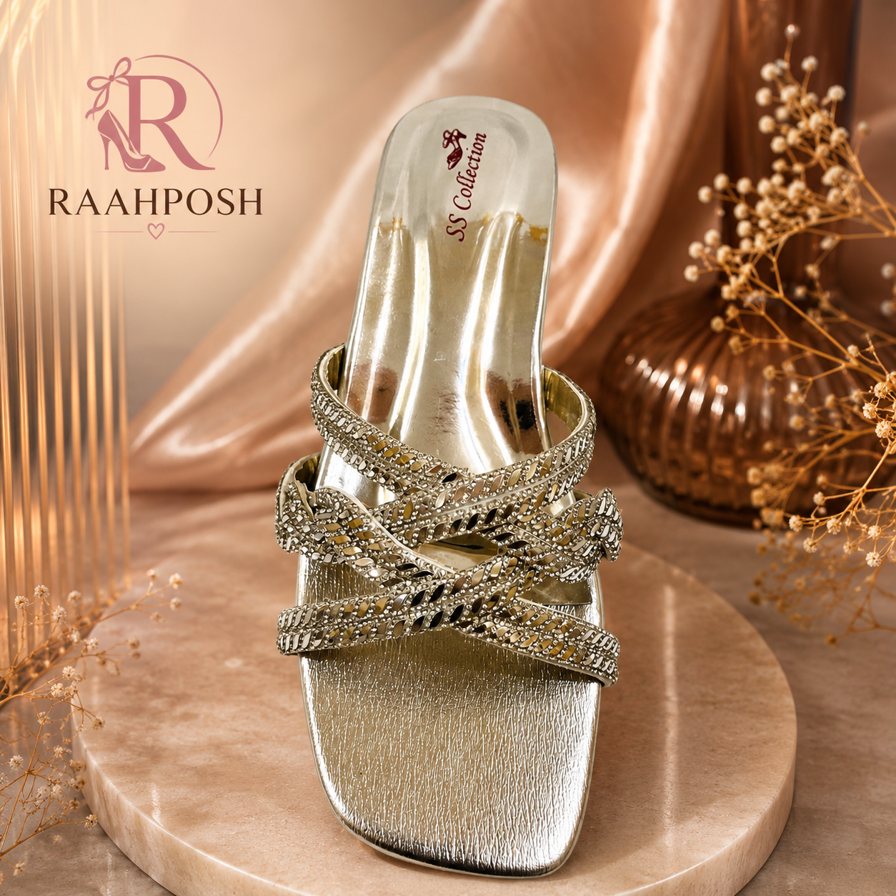Raahposh Luxe Crystal Double Strap Block Heels - Silver, Gold & Champagne Gold