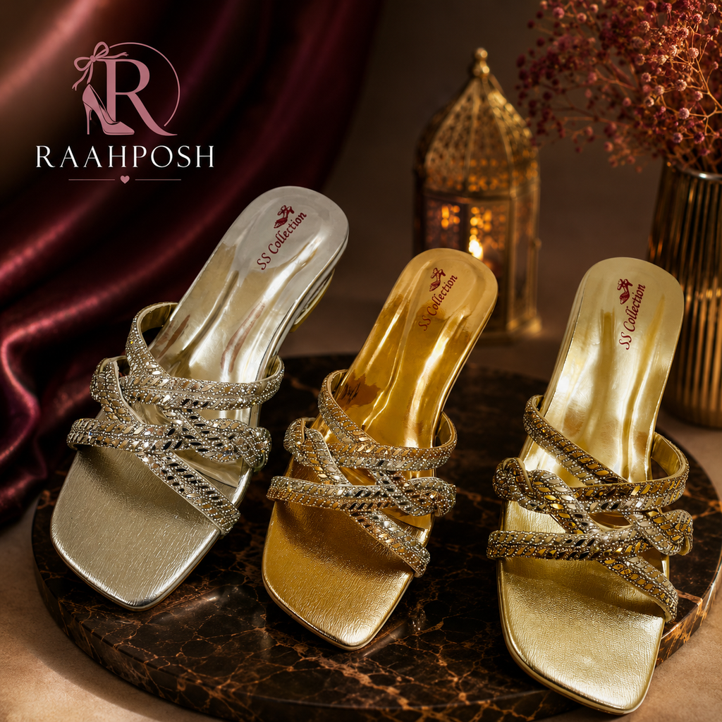 Raahposh Luxe Crystal Double Strap Block Heels - Silver, Gold & Champagne Gold