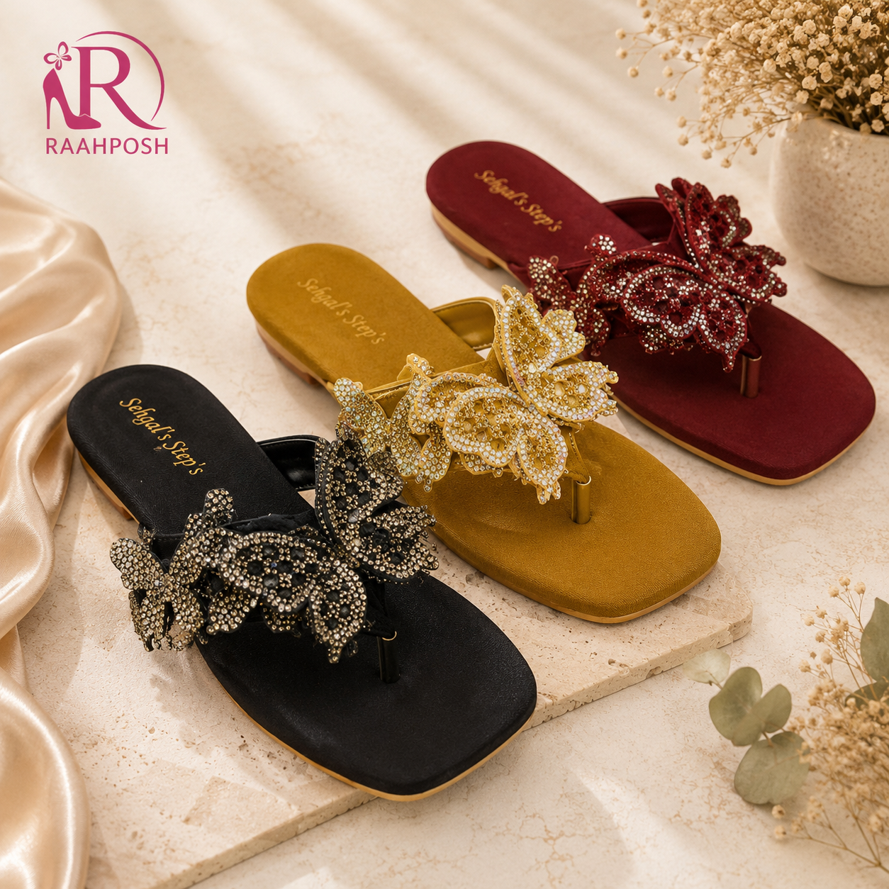 Raahposh Luxe Crystal Butterfly Flats - Black, Golden & Maroon