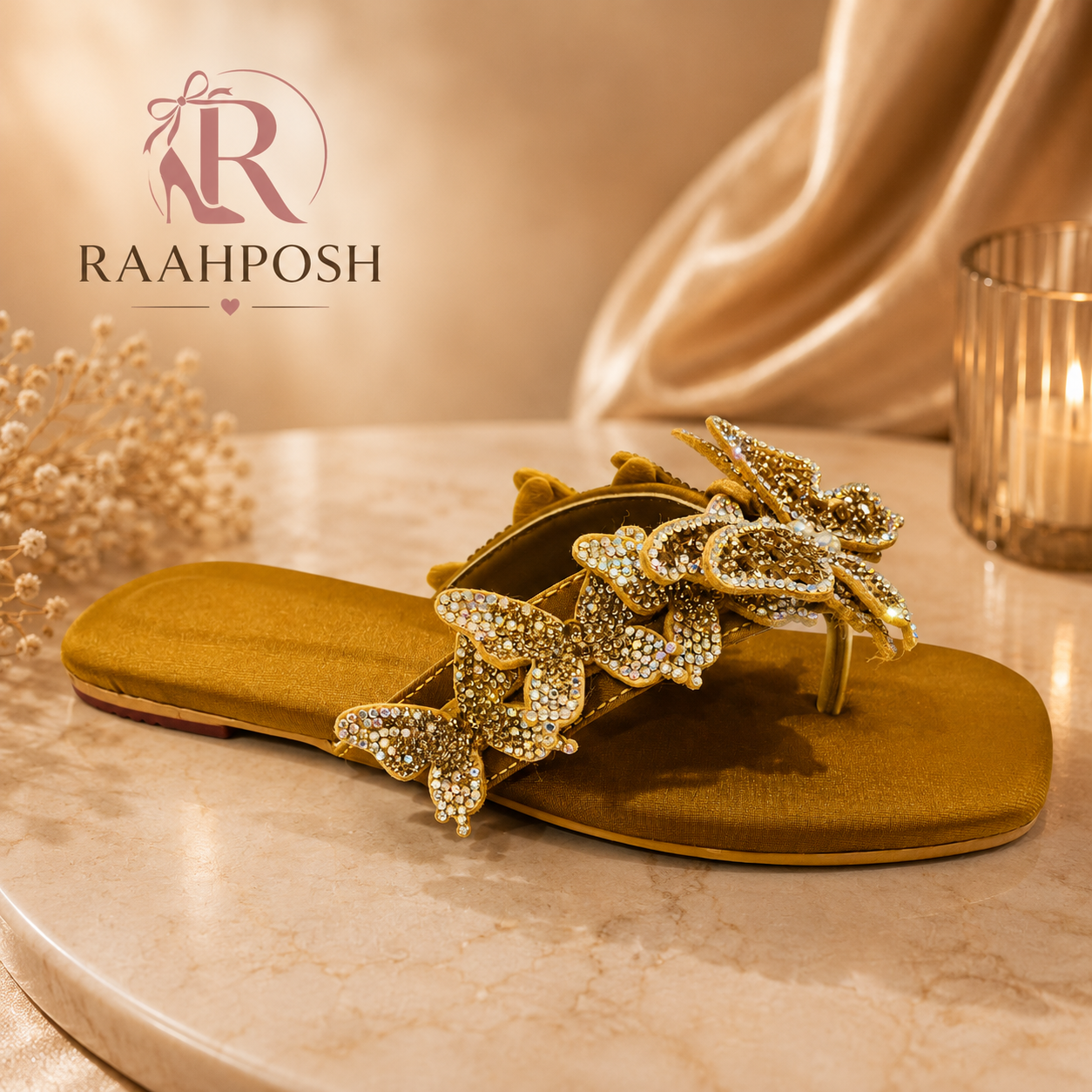 Raahposh Luxe Crystal Butterfly Flats - Black, Golden & Maroon
