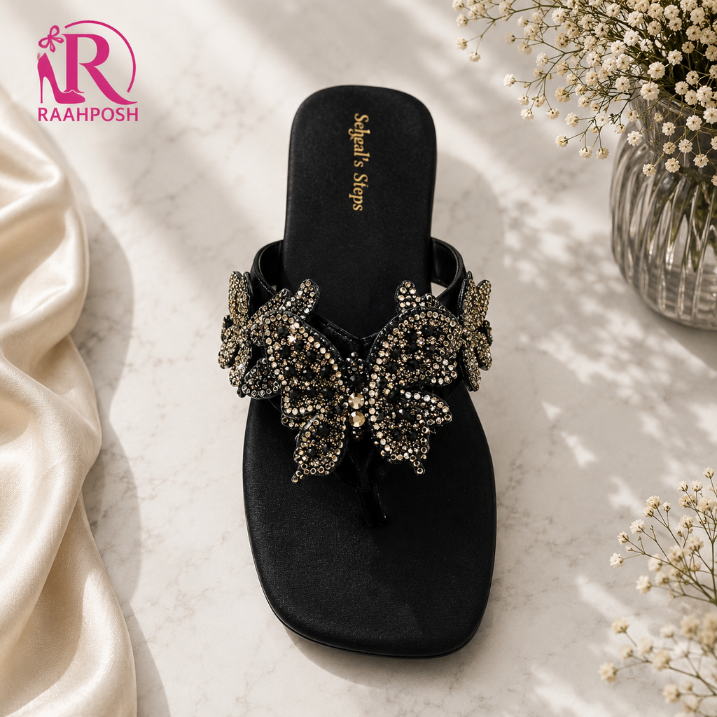 Raahposh Luxe Crystal Butterfly Flats - Black, Golden & Maroon