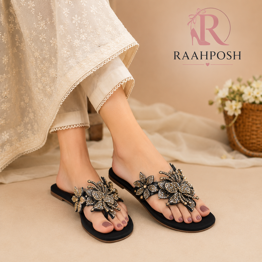 Raahposh Luxe Crystal Embellished Mules - Black, Maroon & Golden