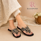 Raahposh Luxe Crystal Embellished Mules - Black, Maroon & Golden