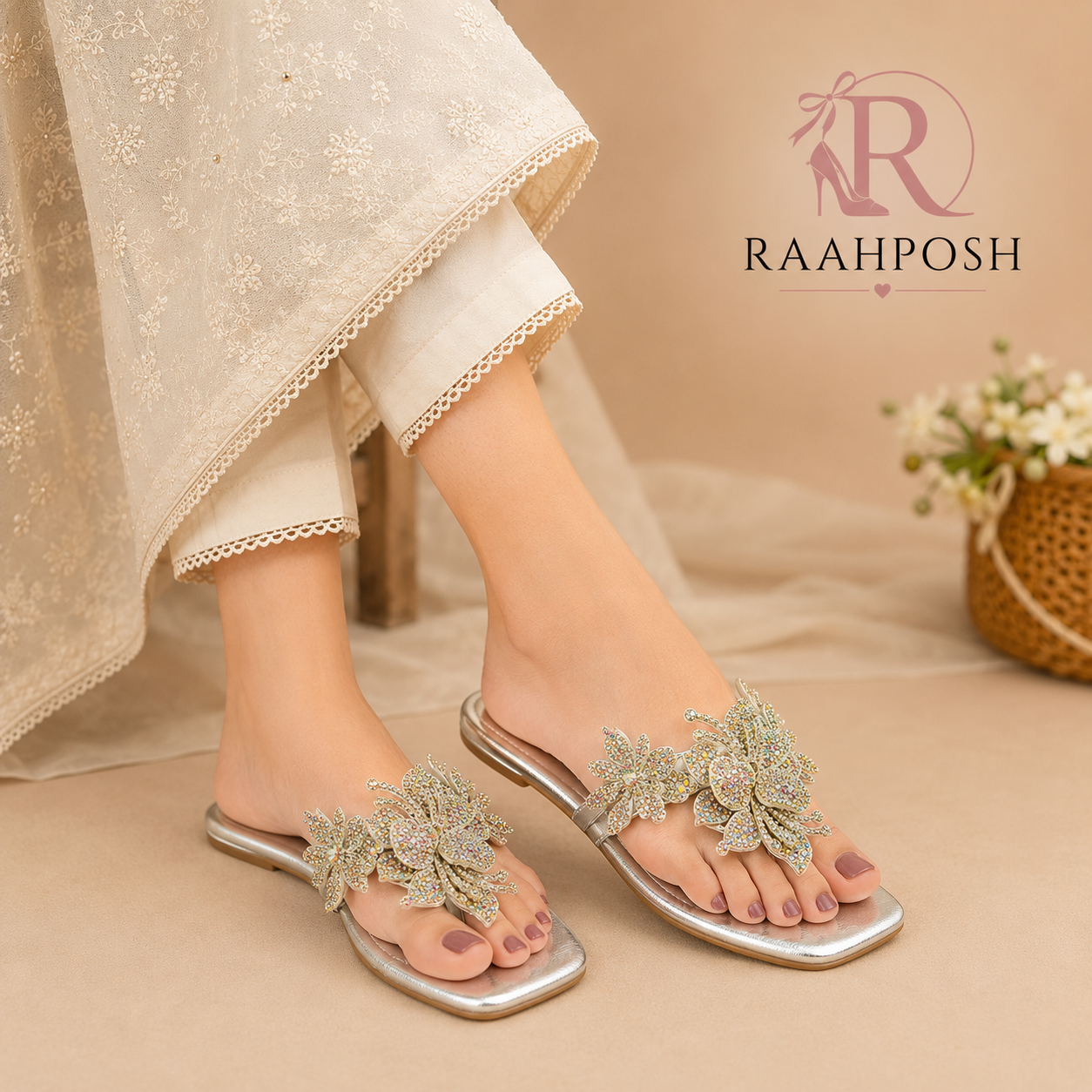 Raahposh Luxe Crystal Embellished Mules - Black, Maroon & Golden