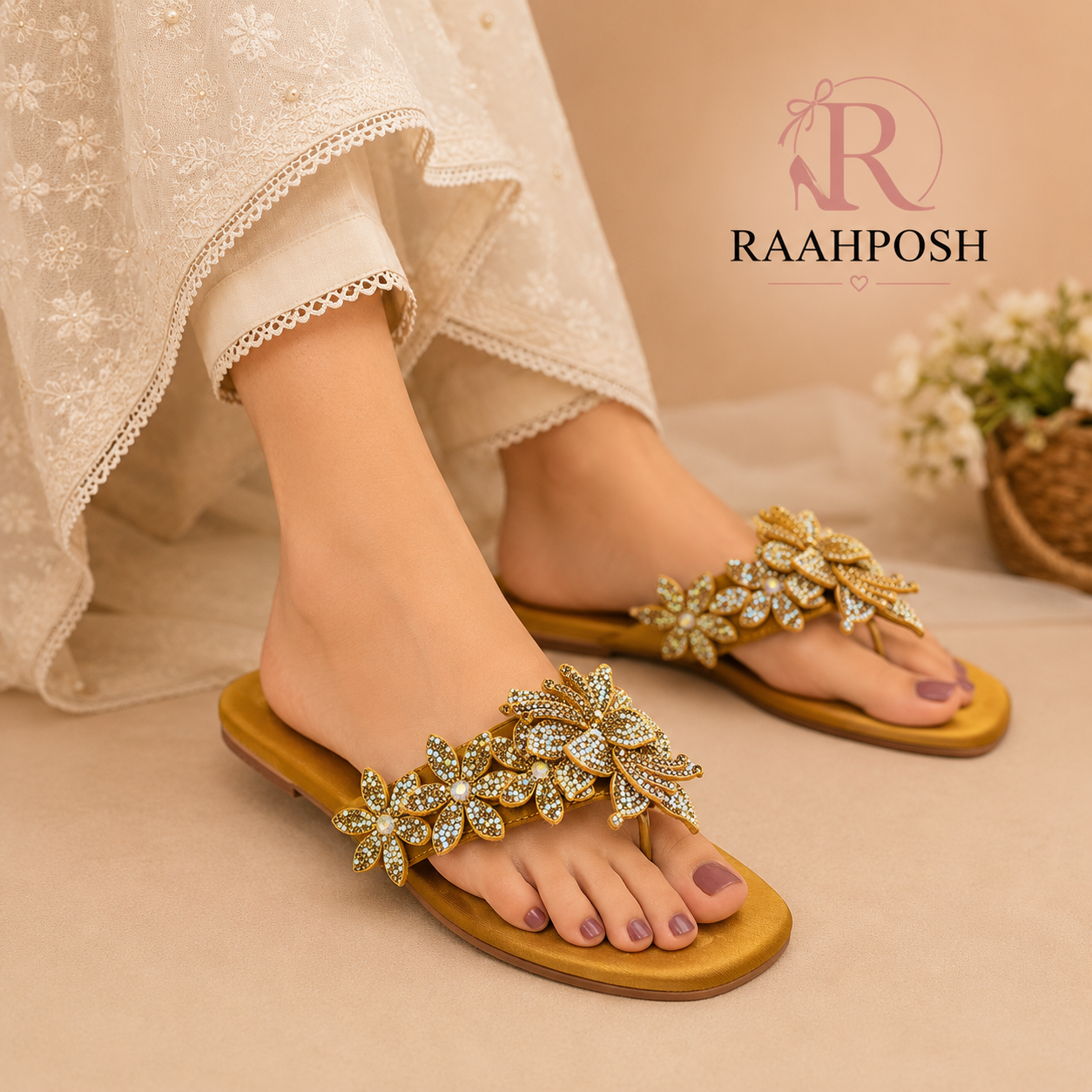 Raahposh Luxe Crystal Embellished Mules - Black, Maroon & Golden