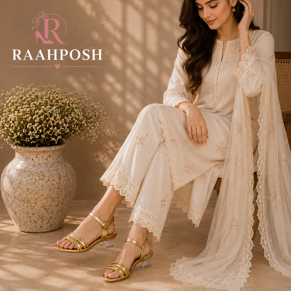 Raahposh Luxe Strappy Block Heels - Silver, Gold & Champagne Gold