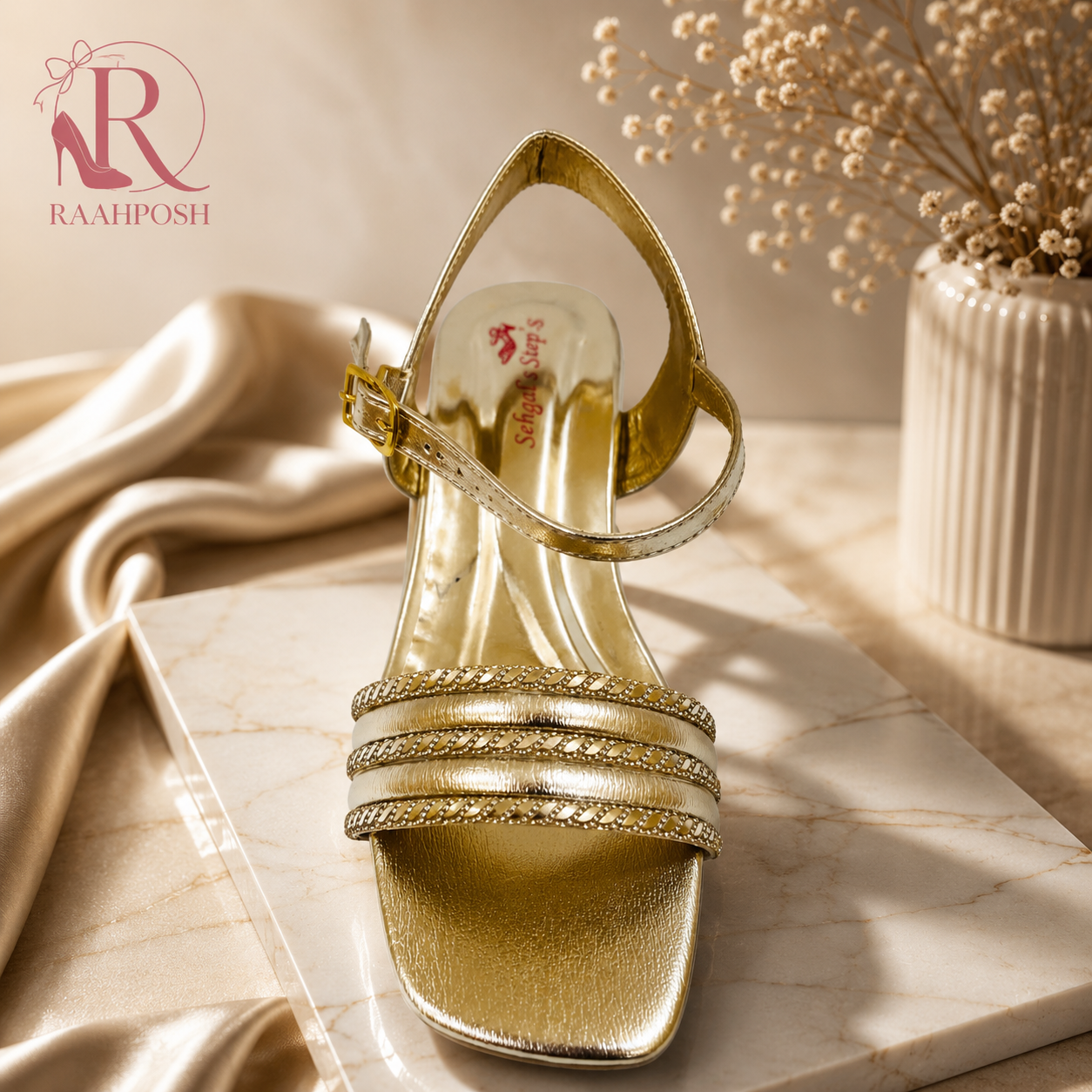 Raahposh Luxe Strappy Block Heels - Silver, Gold & Champagne Gold