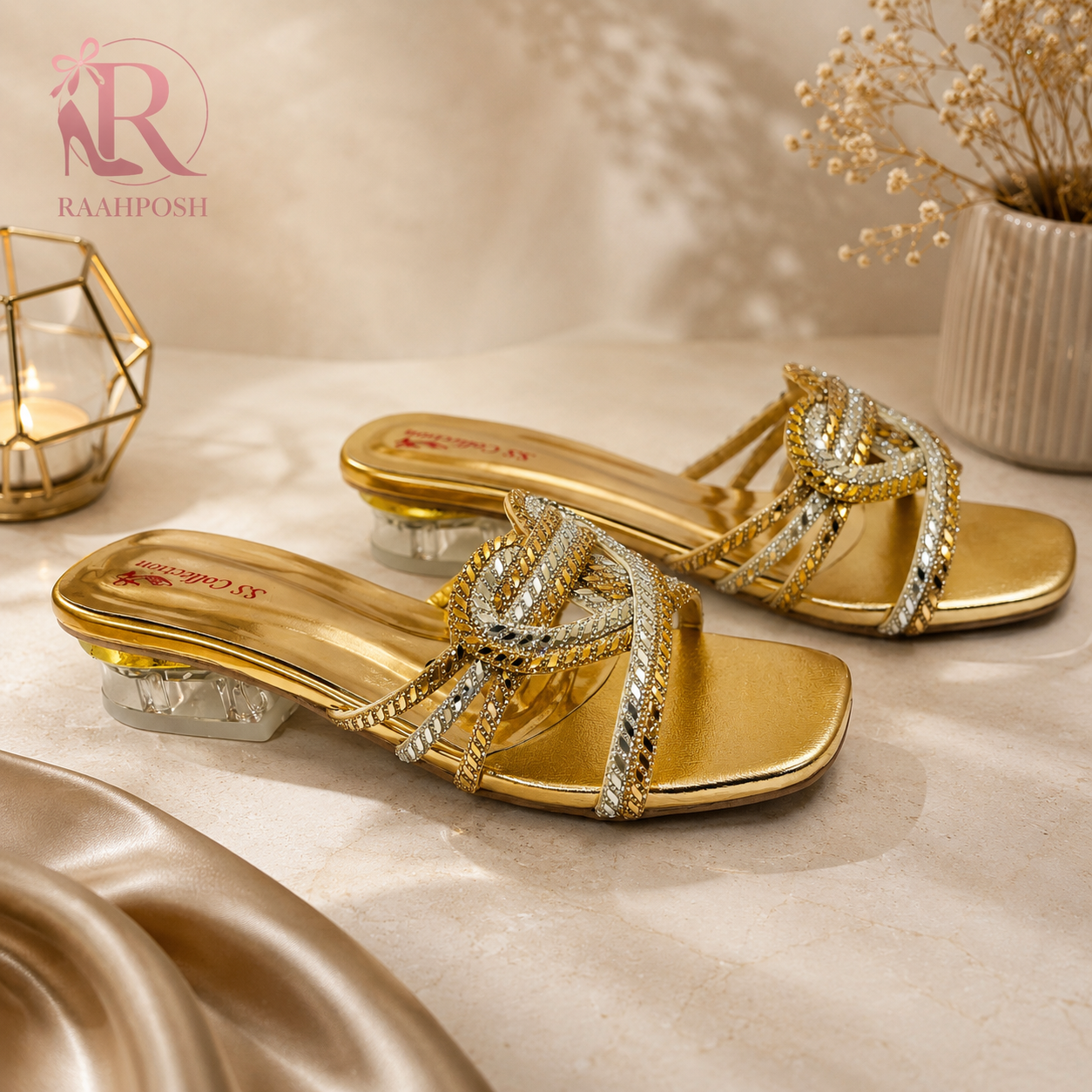 Raahposh Luxe Heart Strap Block Heels - Rose Gold, Gold & Silver