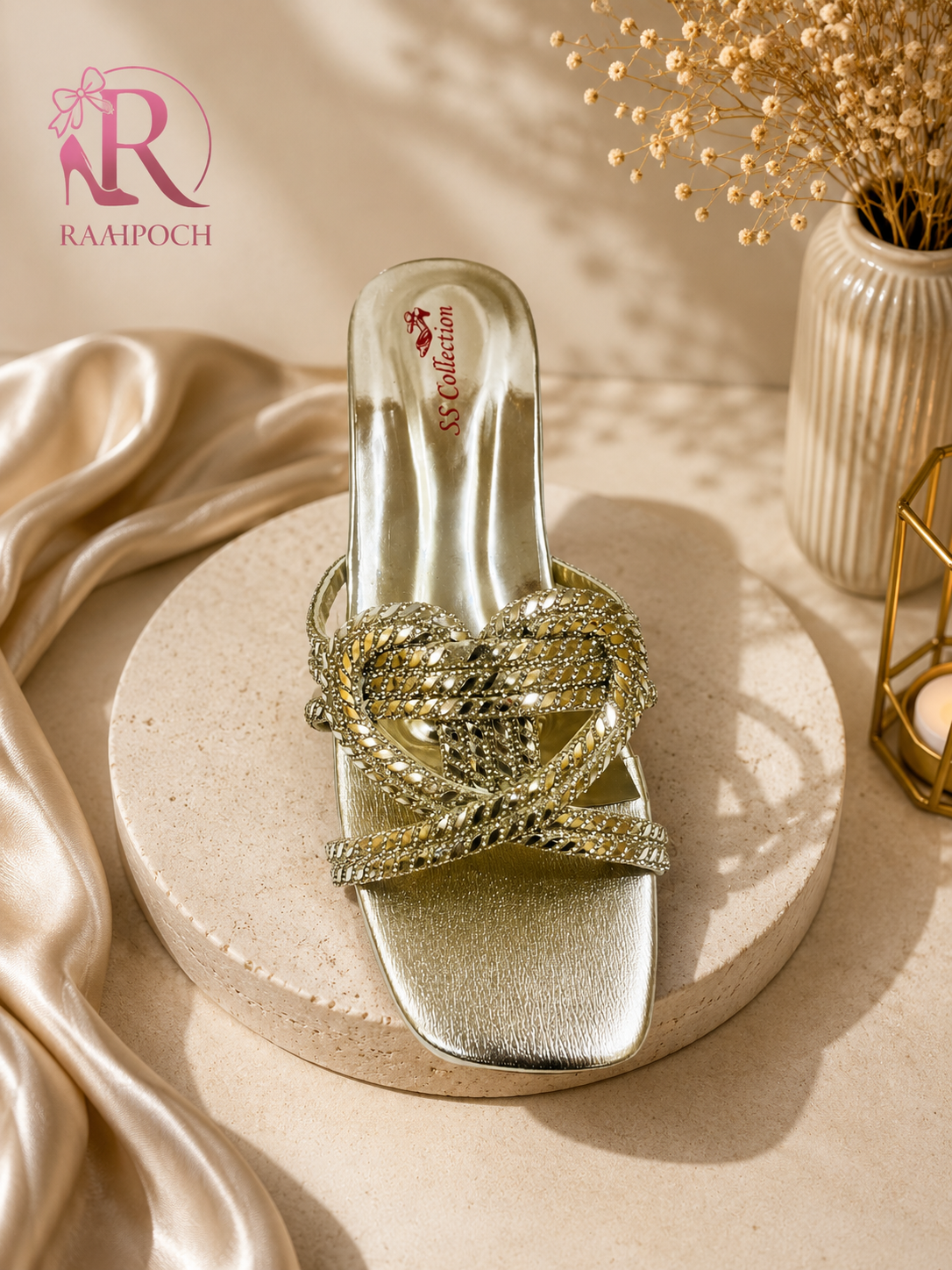 Raahposh Luxe Heart Strap Block Heels - Rose Gold, Gold & Silver