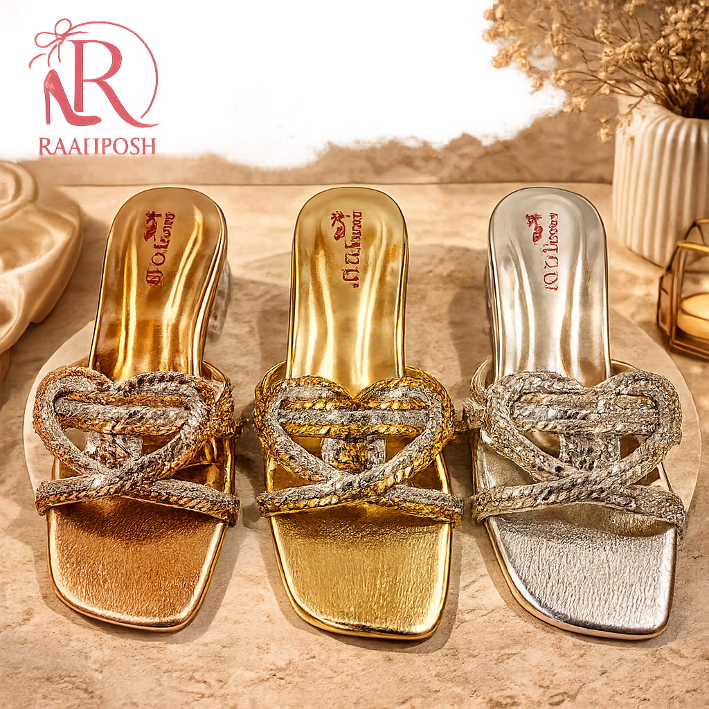 Raahposh Luxe Heart Strap Block Heels - Rose Gold, Gold & Silver