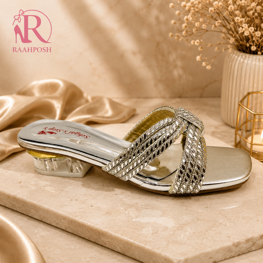 Raahposh Luxe Crystal Knot Block Heels - Gold, Silver & Rose Gold