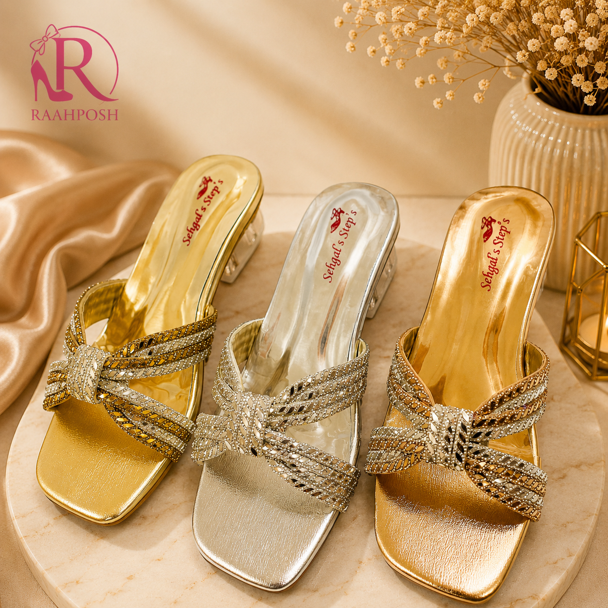 Raahposh Luxe Crystal Knot Block Heels - Gold, Silver & Rose Gold