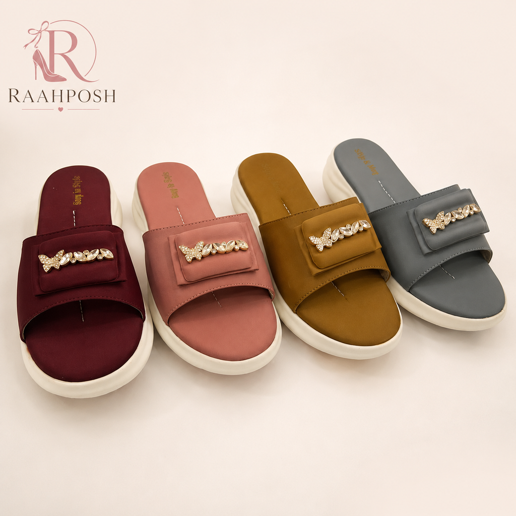 Raahposh Butterfly Crystal Comfort Slides for Women – Soft Cushioned Casual