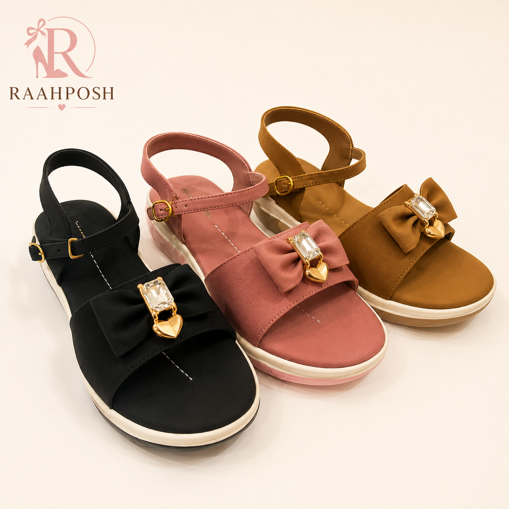Raahposh Crystal Bow Comfort Sandals for Women – Soft Cushioned Ankle Strap Sandals