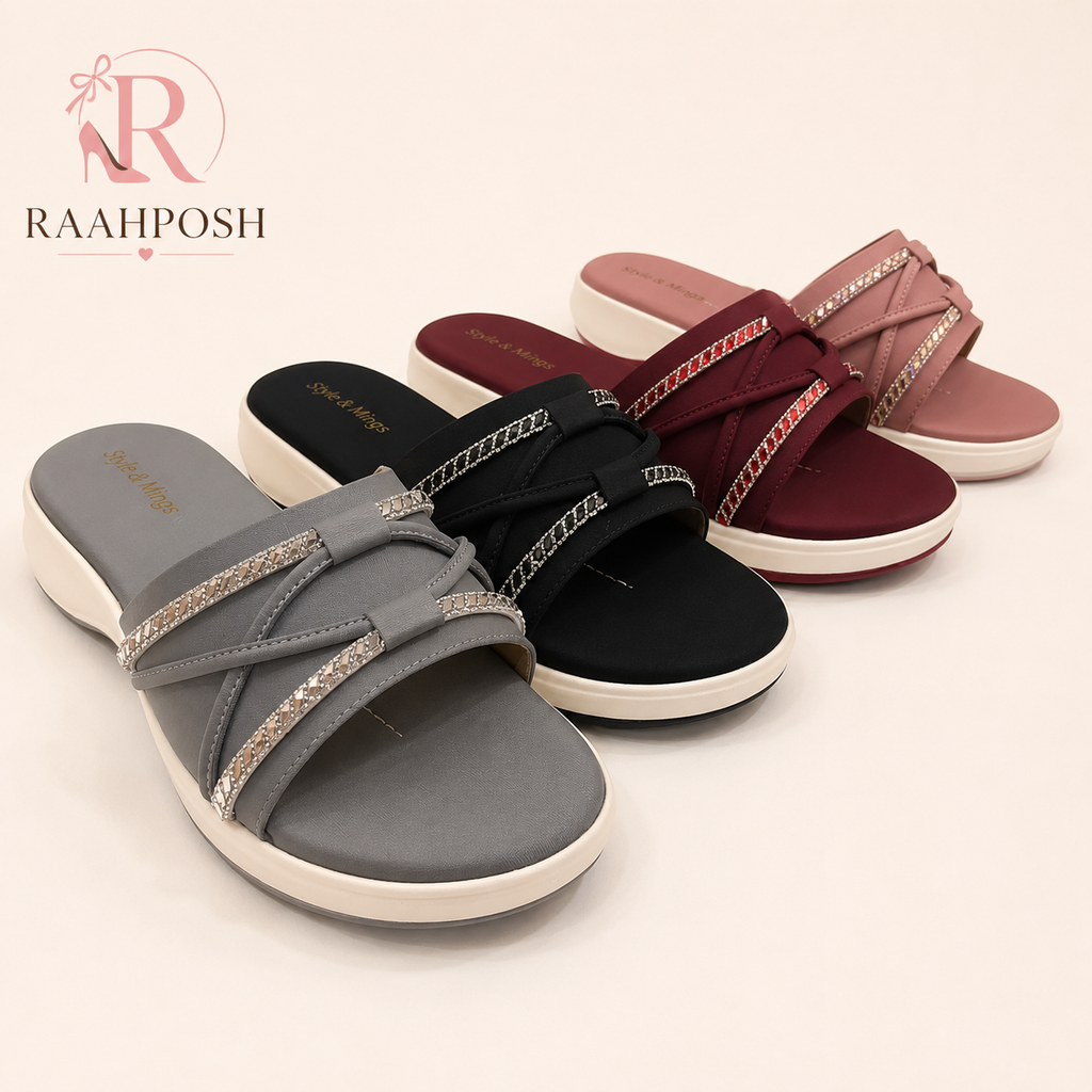 Raahposh Crystal Cross Strap Comfort Slides for Women – Soft Cushioned Casual Slippers
