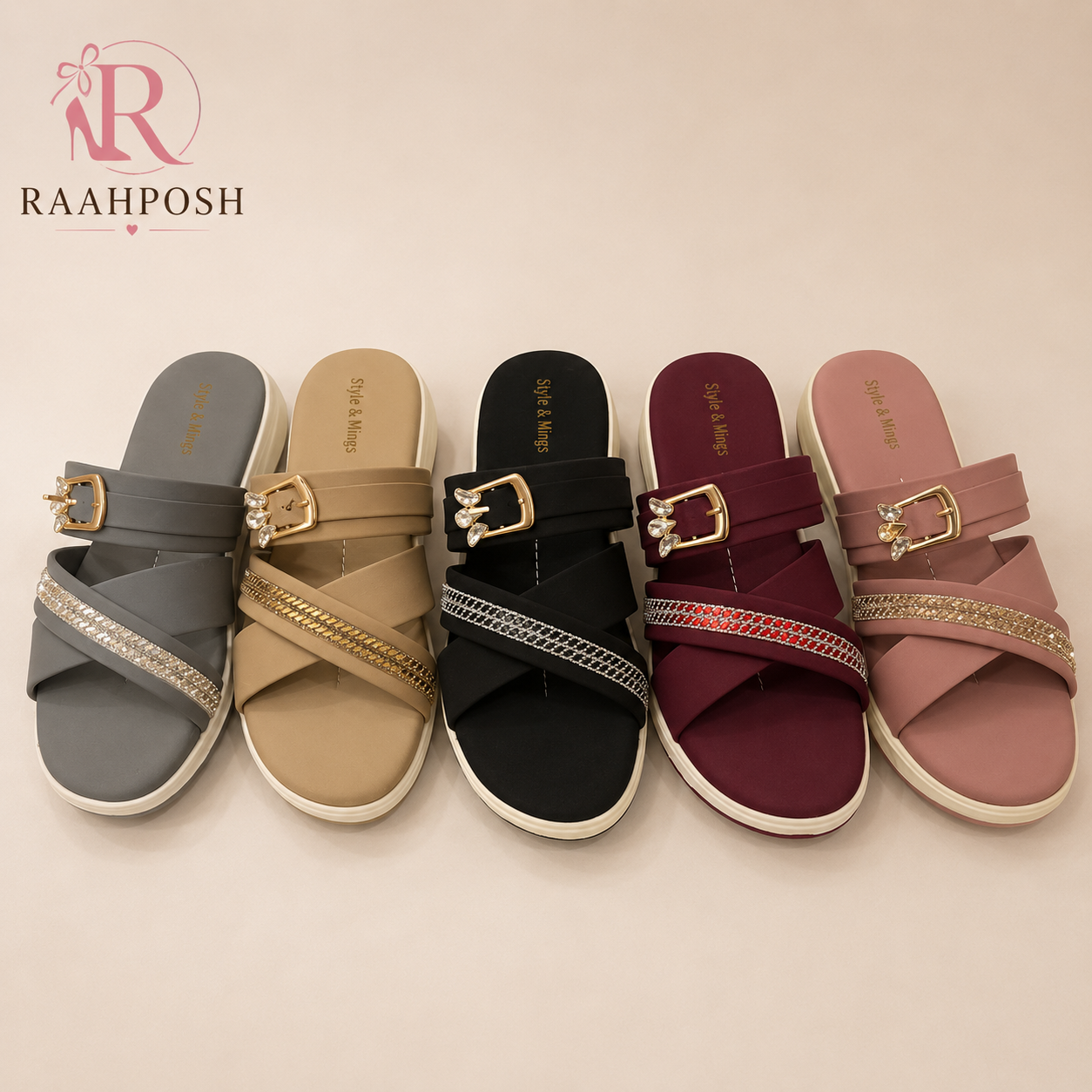 Raahposh Crystal Buckle Comfort Slides for Women – Soft Cushioned Casual Slippers
