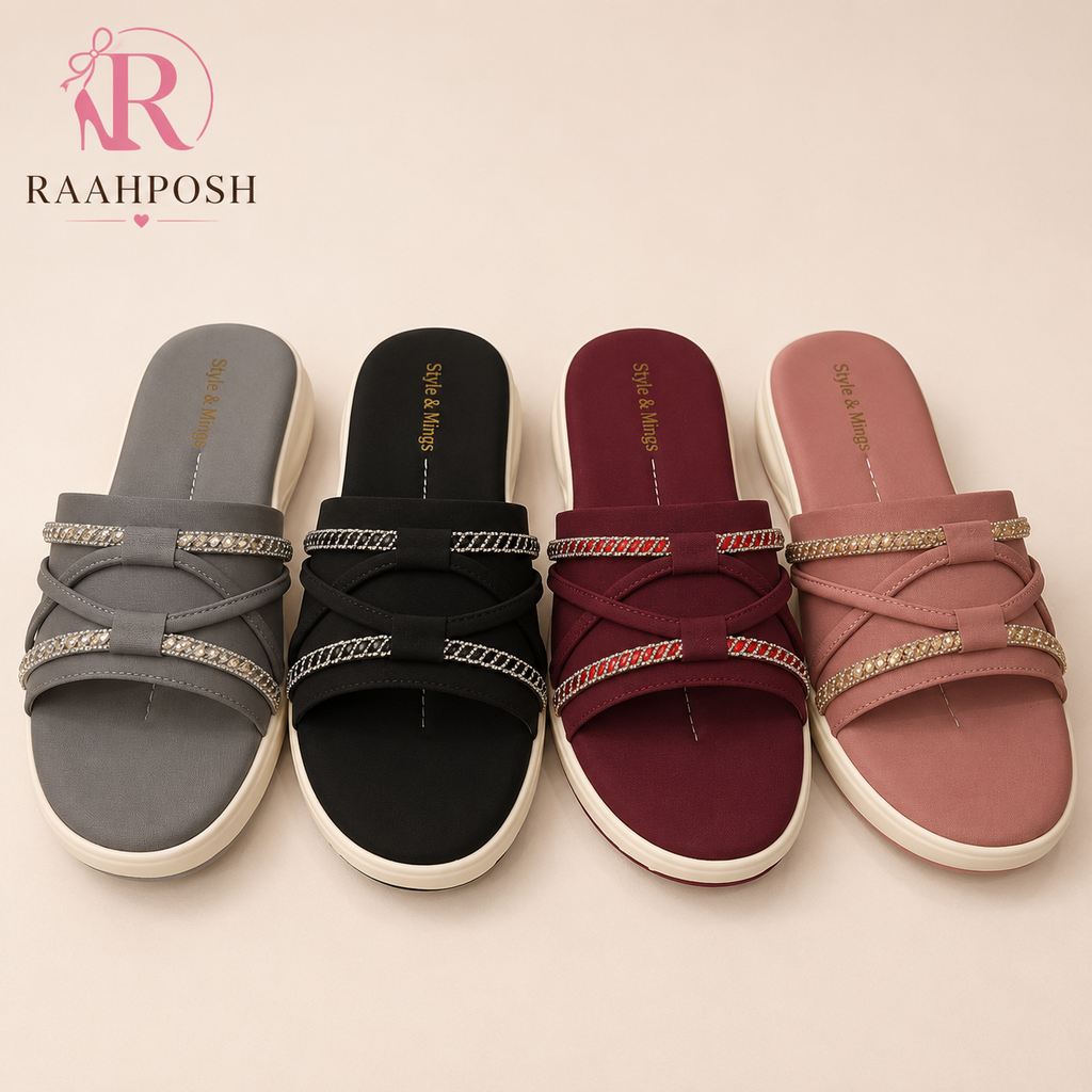 Raahposh Crystal Cross Strap Comfort Slides for Women – Soft Cushioned Casual Slippers