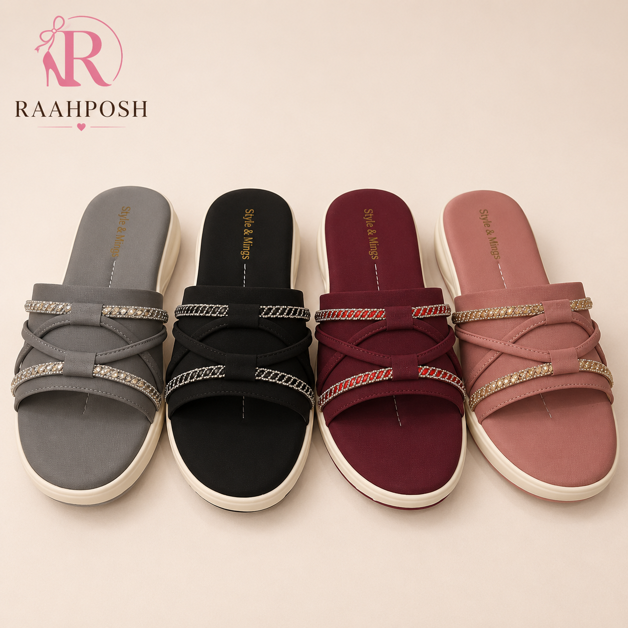 Raahposh Crystal Cross Strap Comfort Slides for Women – Soft Cushioned Casual Slippers