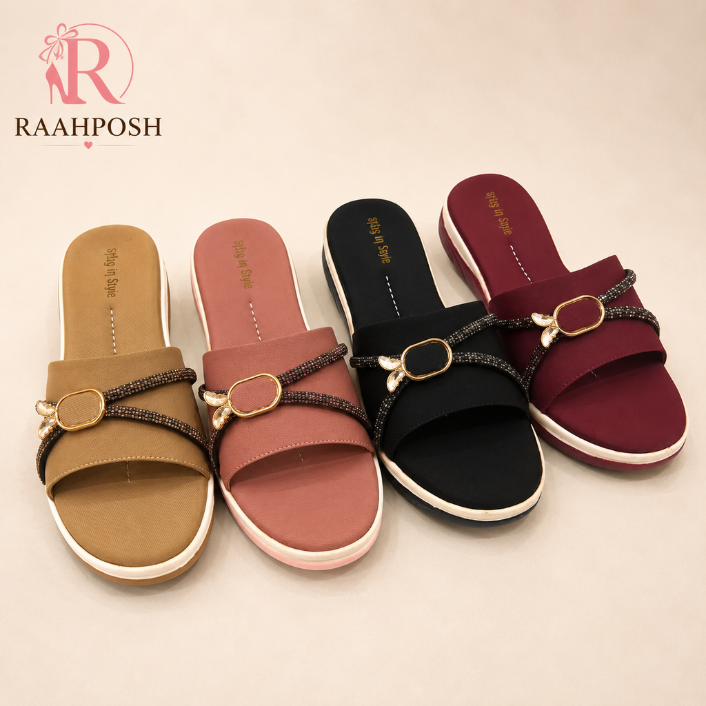 Raahposh Crystal Accent Comfort Slides for Women – Soft Cushioned Casual Slippers