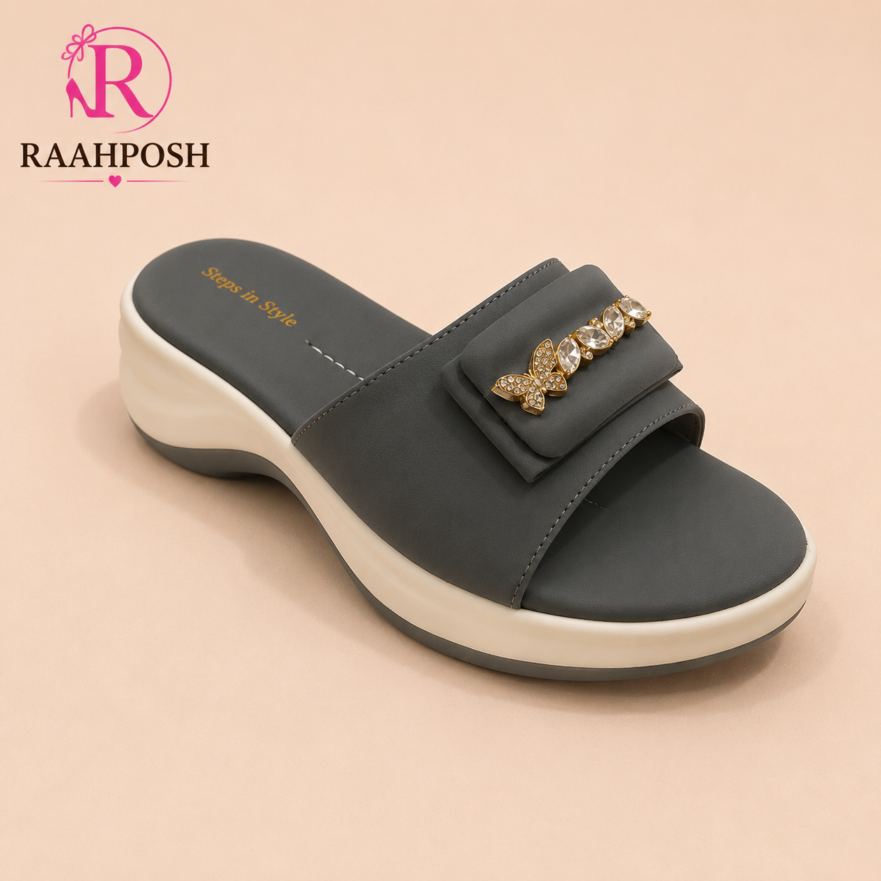 Raahposh Butterfly Crystal Comfort Slides for Women – Soft Cushioned Casual
