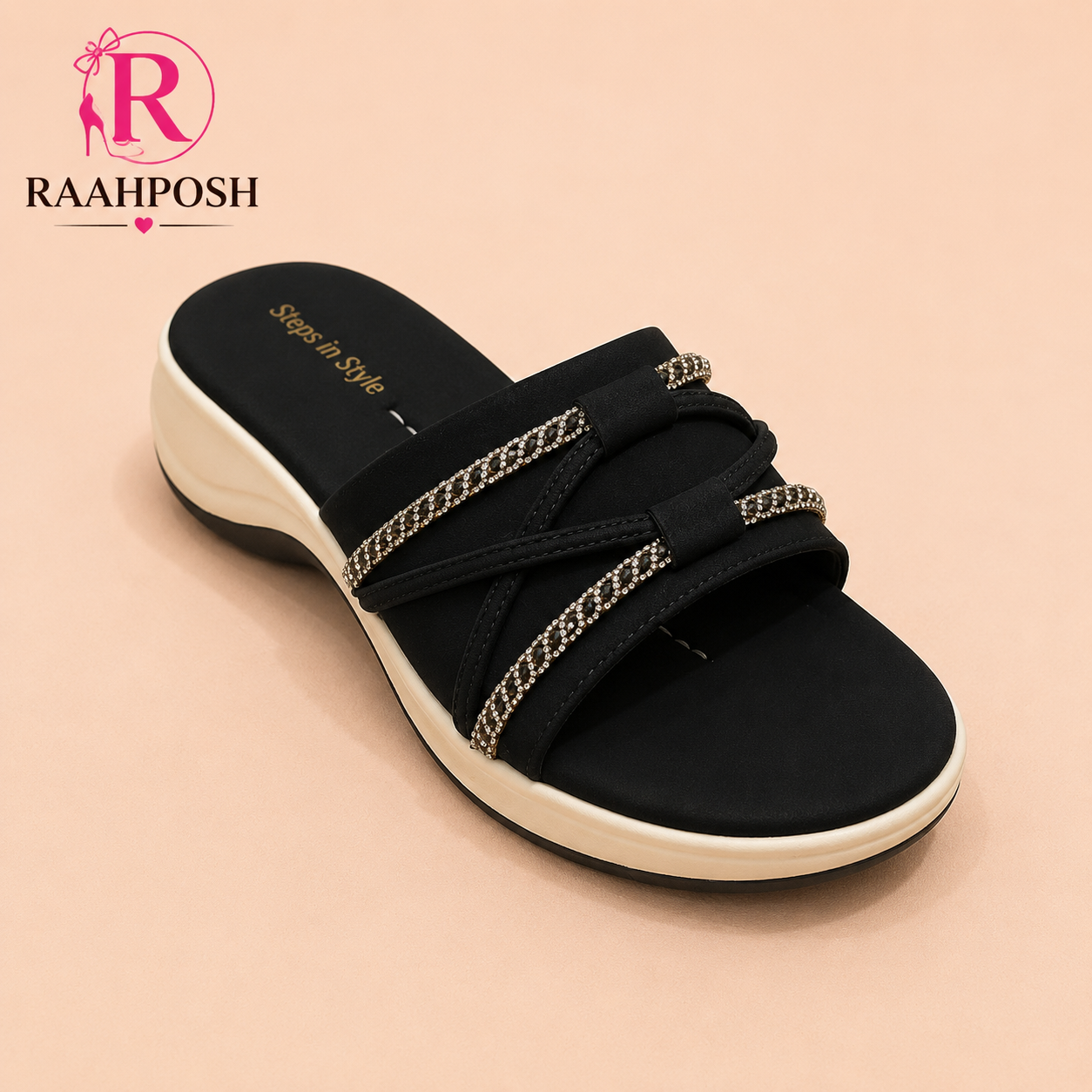 Raahposh Crystal Cross Strap Comfort Slides for Women – Soft Cushioned Casual Slippers