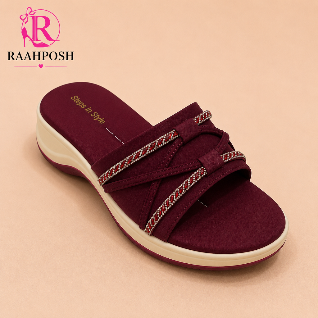 Raahposh Crystal Cross Strap Comfort Slides for Women – Soft Cushioned Casual Slippers