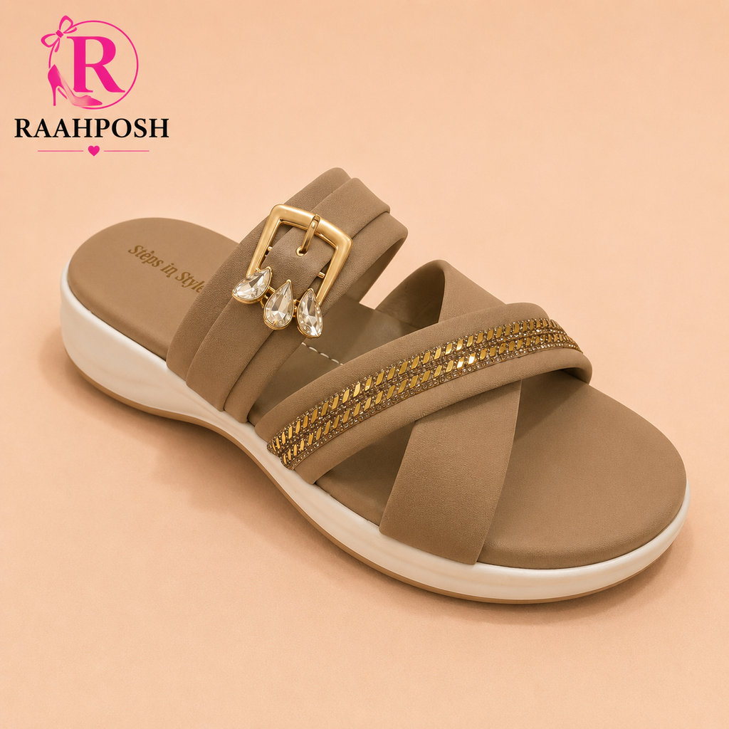 Raahposh Crystal Buckle Comfort Slides for Women – Soft Cushioned Casual Slippers