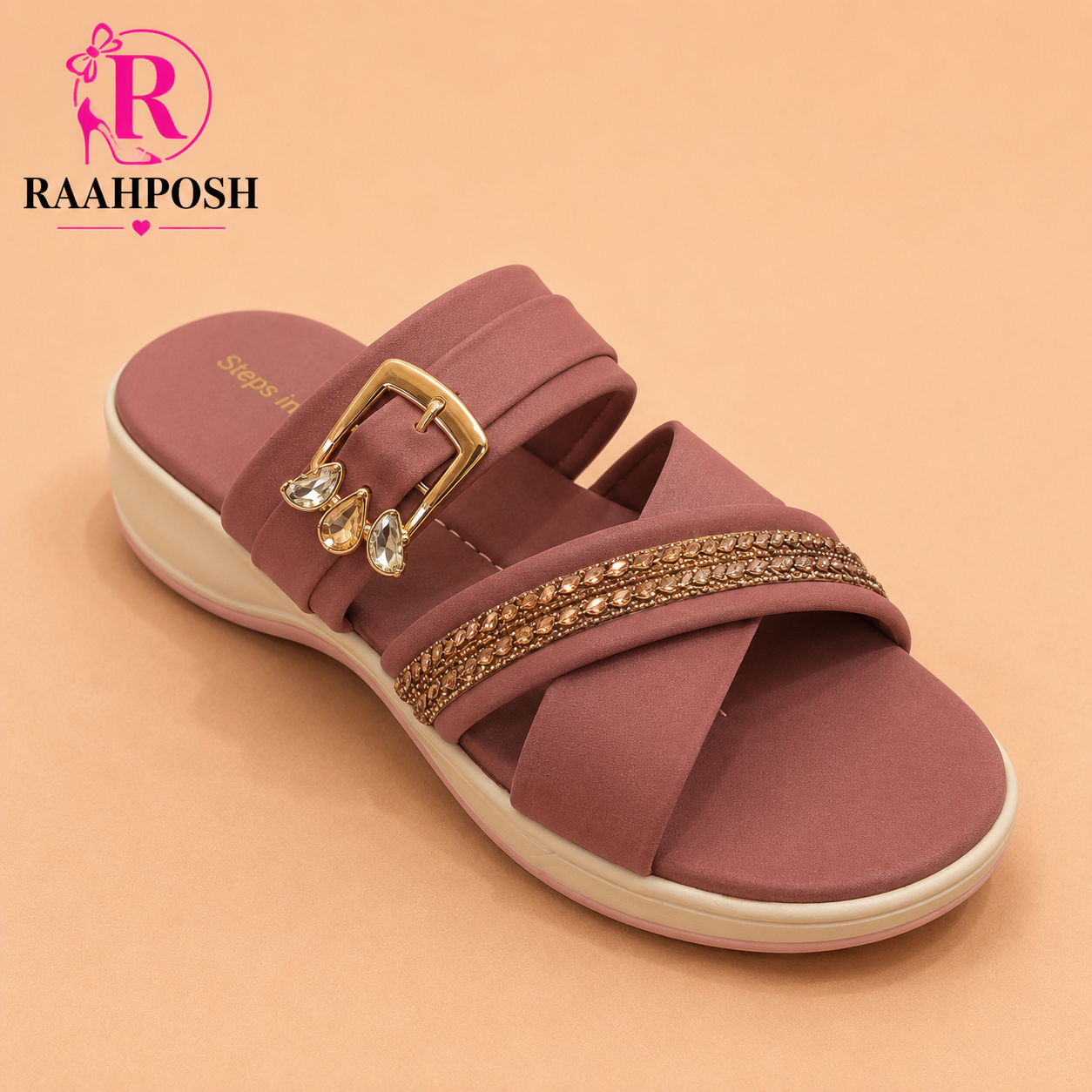 Raahposh Crystal Buckle Comfort Slides for Women – Soft Cushioned Casual Slippers