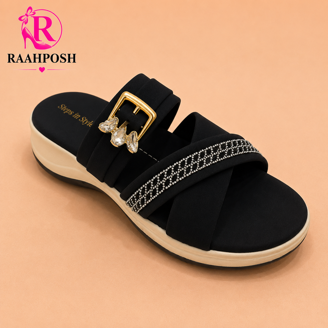 Raahposh Crystal Buckle Comfort Slides for Women – Soft Cushioned Casual Slippers