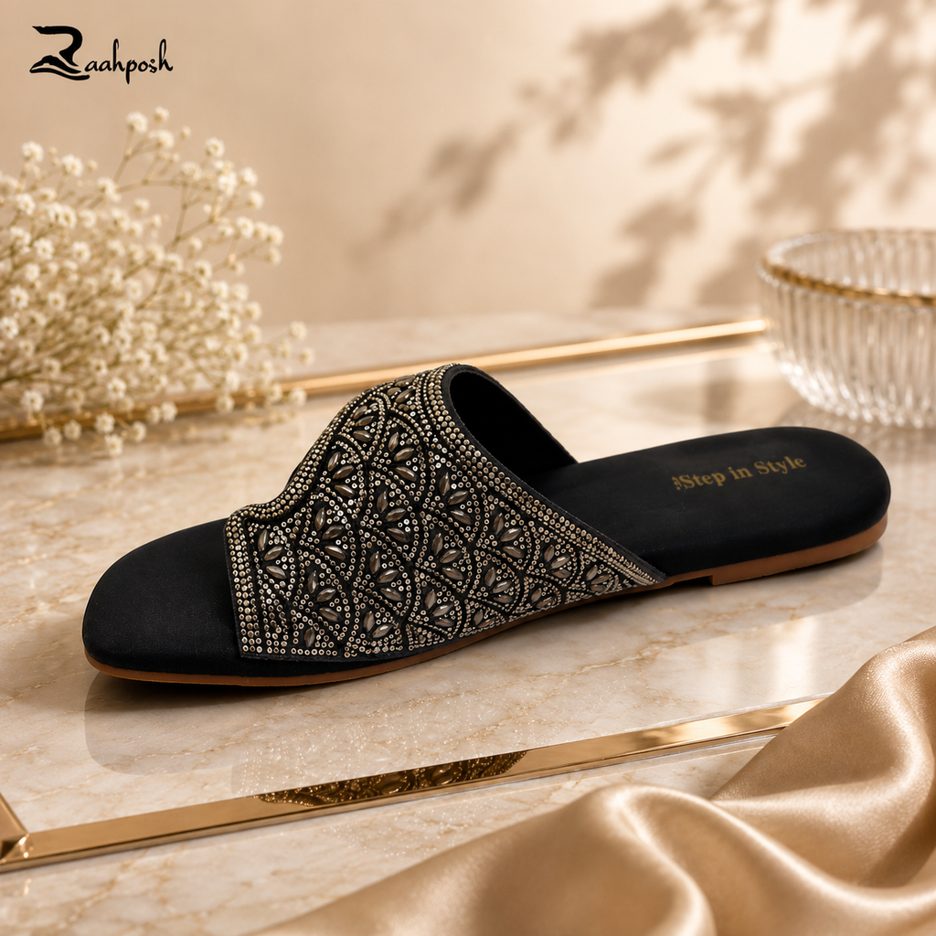 Raahposh Luxe Crystal Embellished Women's Flats - Black, Maroon & Golden