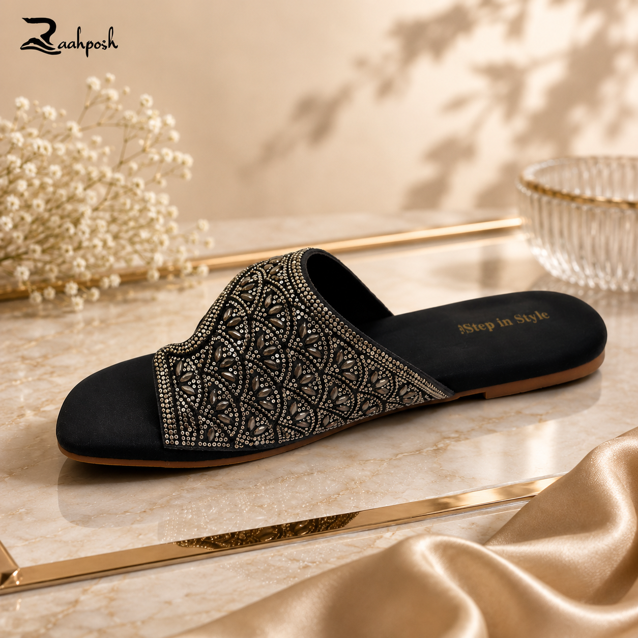Raahposh Luxe Crystal Embellished Women's Flats - Black, Maroon & Golden