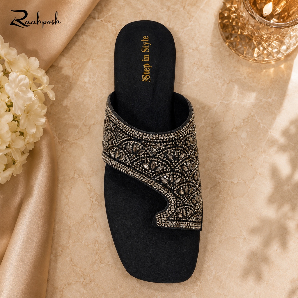 Raahposh Luxe Crystal Embellished Women's Flats - Black, Maroon & Golden