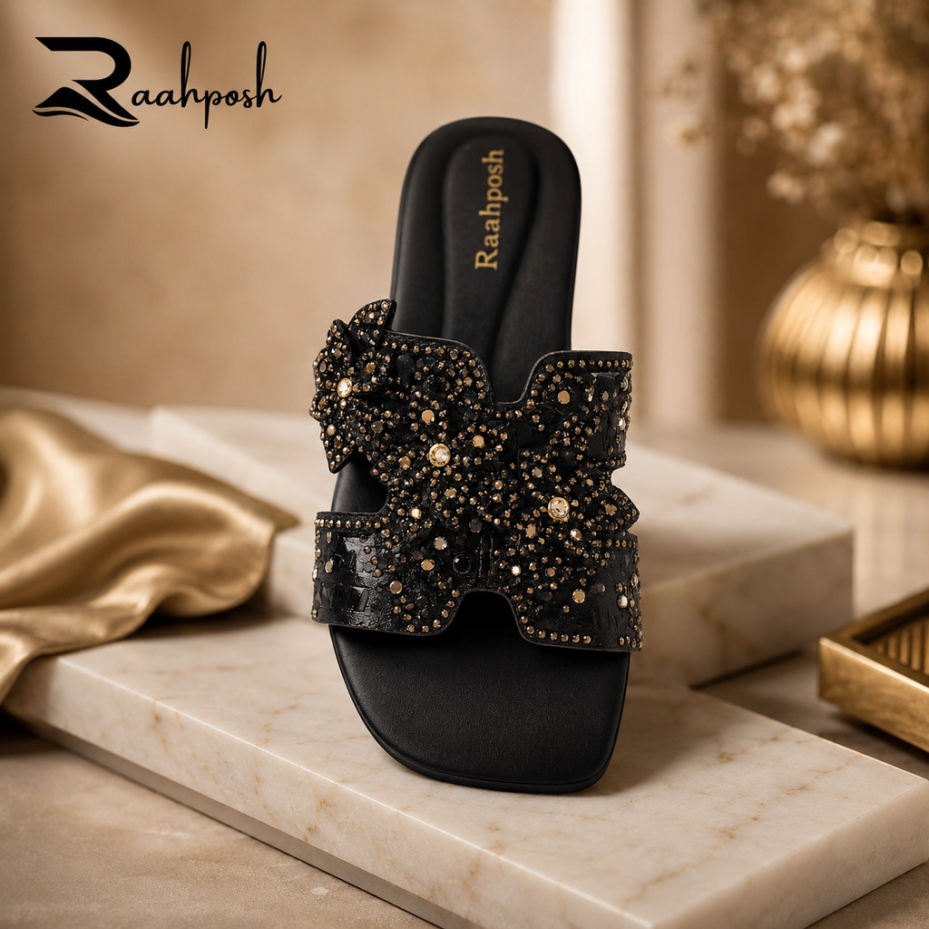 Raahposh Floral Crystal Luxe Women's Flats - Black & Silver