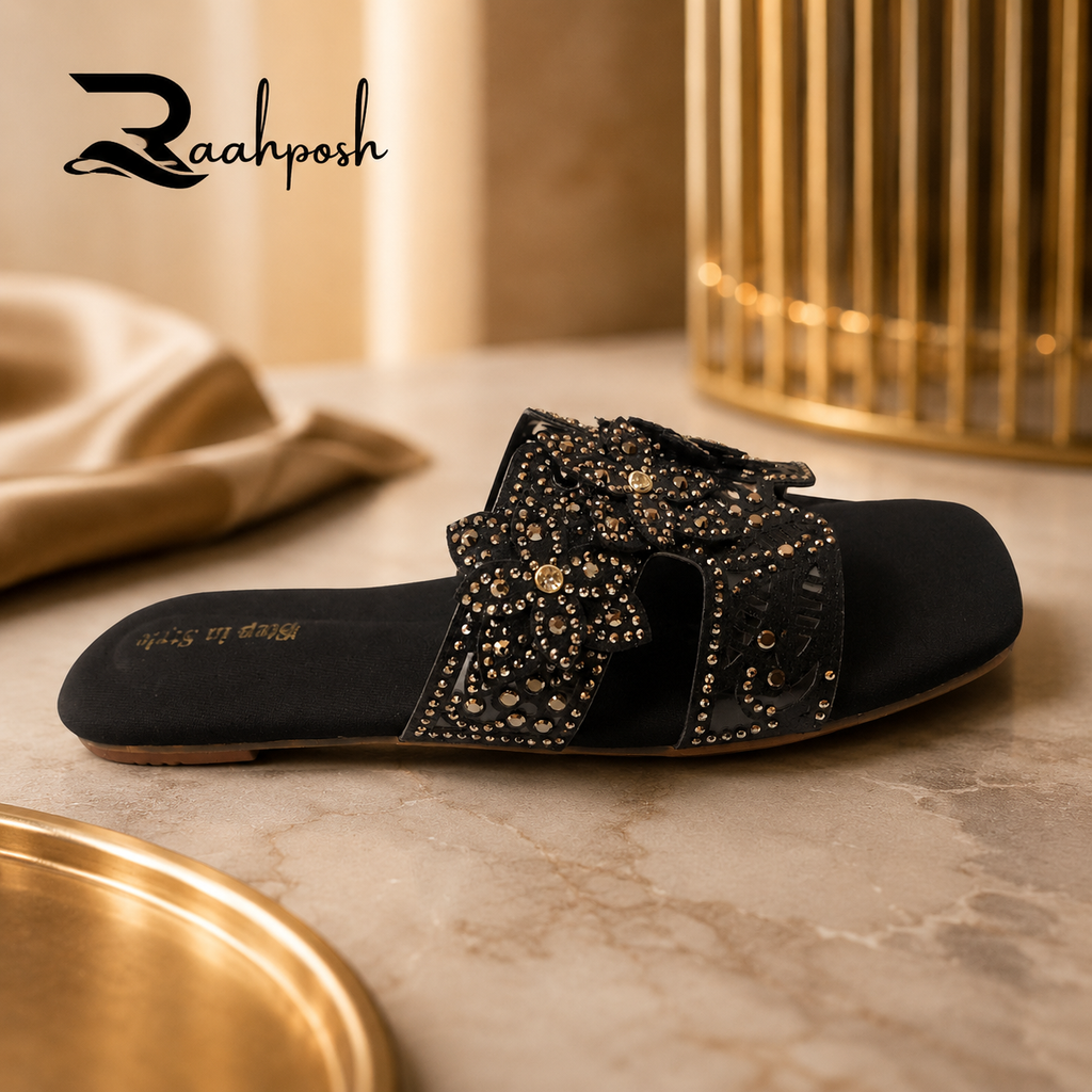 Raahposh Floral Crystal Luxe Women's Flats - Black & Silver