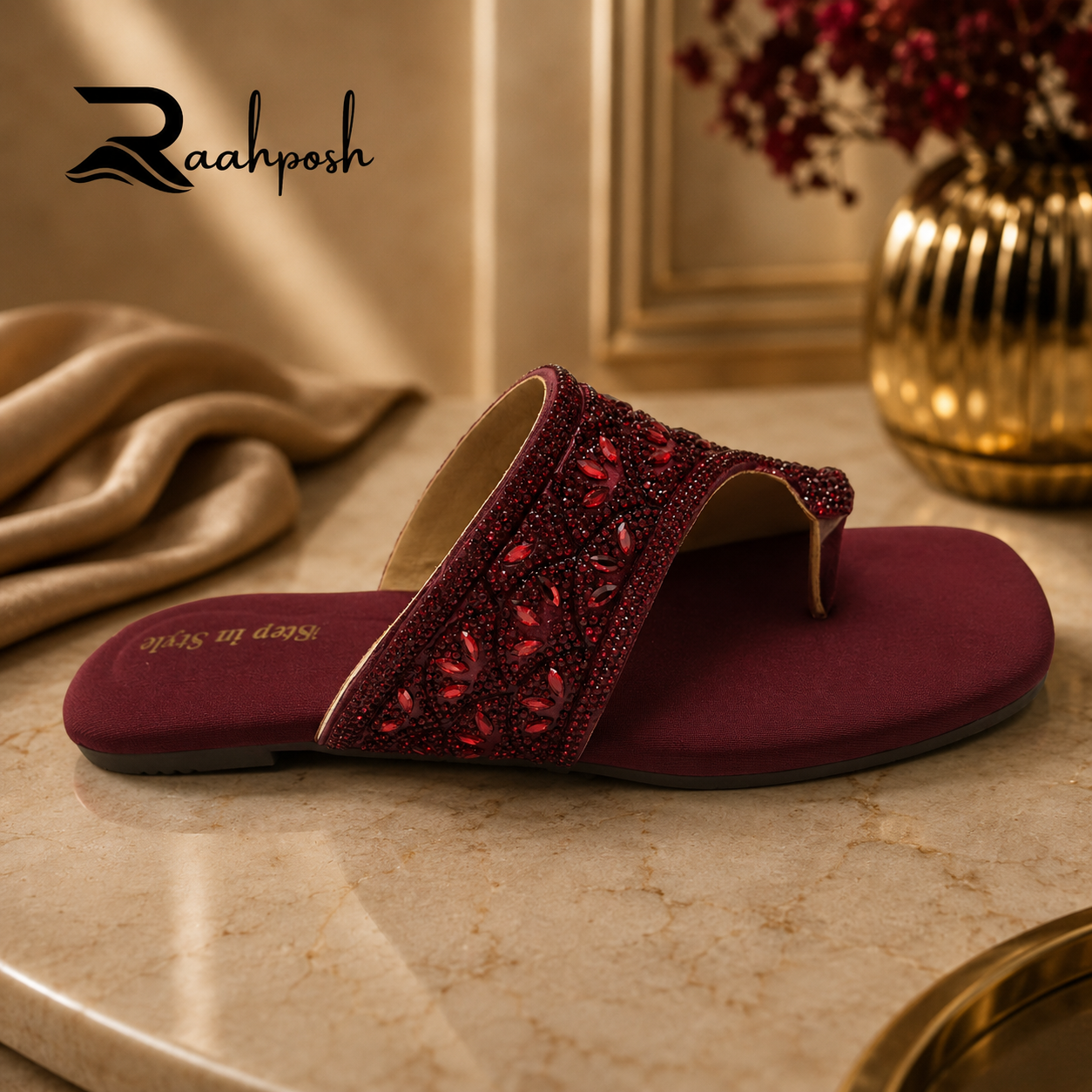 Raahposh Luxe Crystal Embellished Women's Flats - Black, Maroon & Golden
