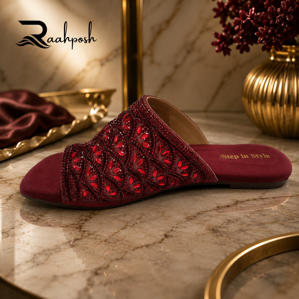 Raahposh Luxe Crystal Embellished Women's Flats - Black, Maroon & Golden