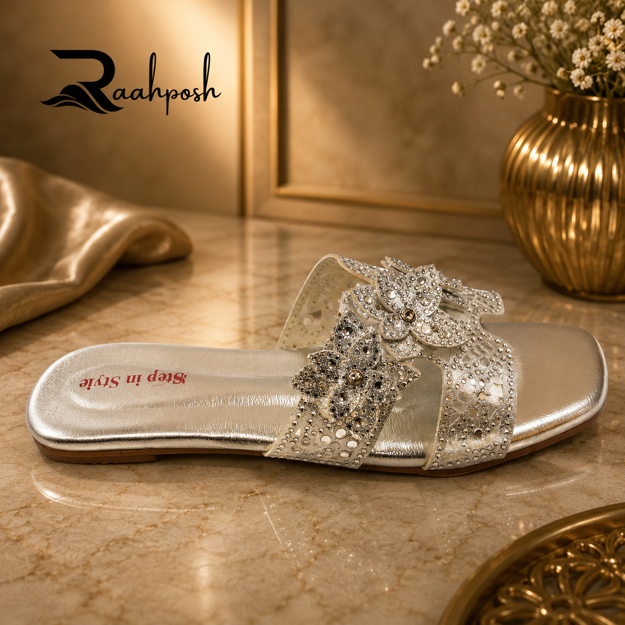 Raahposh Floral Crystal Luxe Women's Flats - Black & Silver