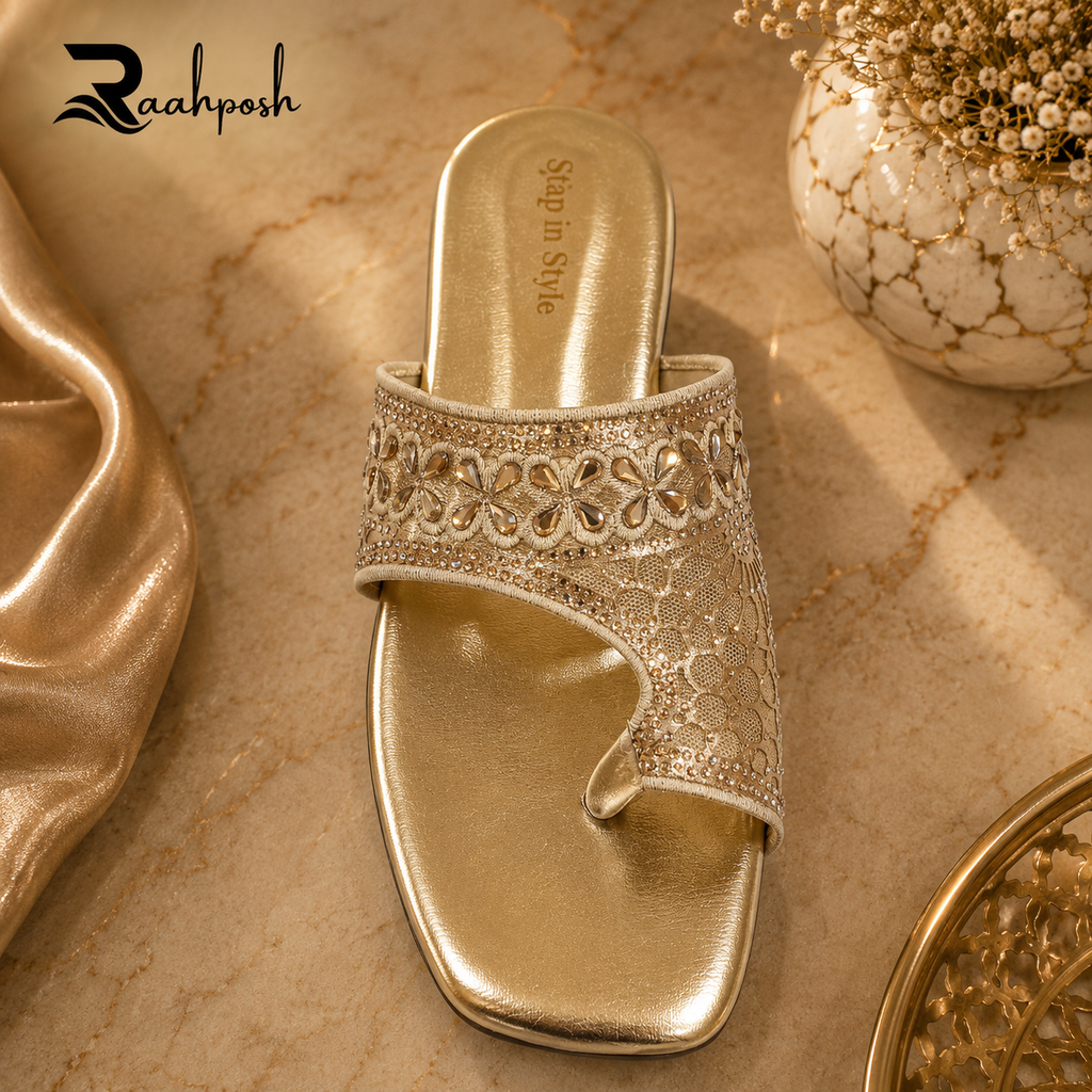 Raahposh Floral Radiance Women's Flats - Black, Golden & Silver