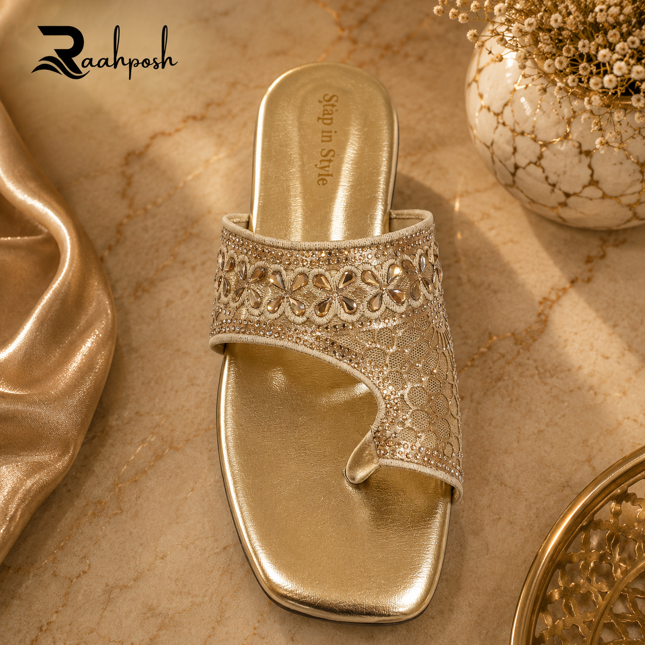 Raahposh Floral Radiance Women's Flats - Black, Golden & Silver