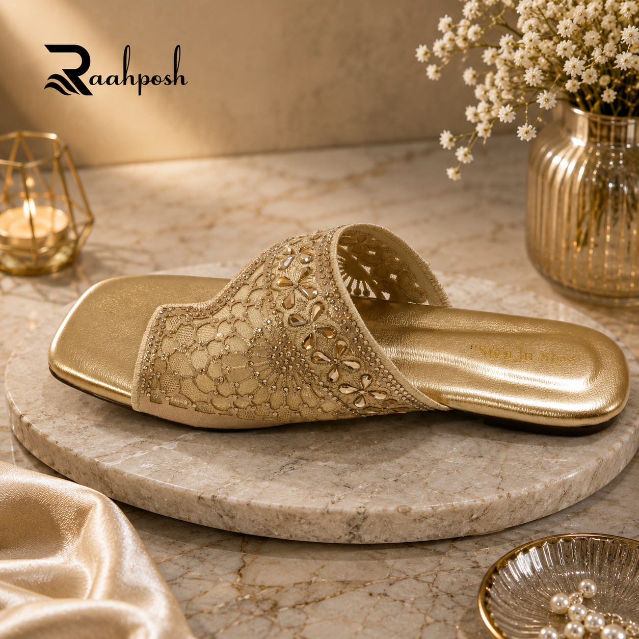 Raahposh Floral Radiance Women's Flats - Black, Golden & Silver