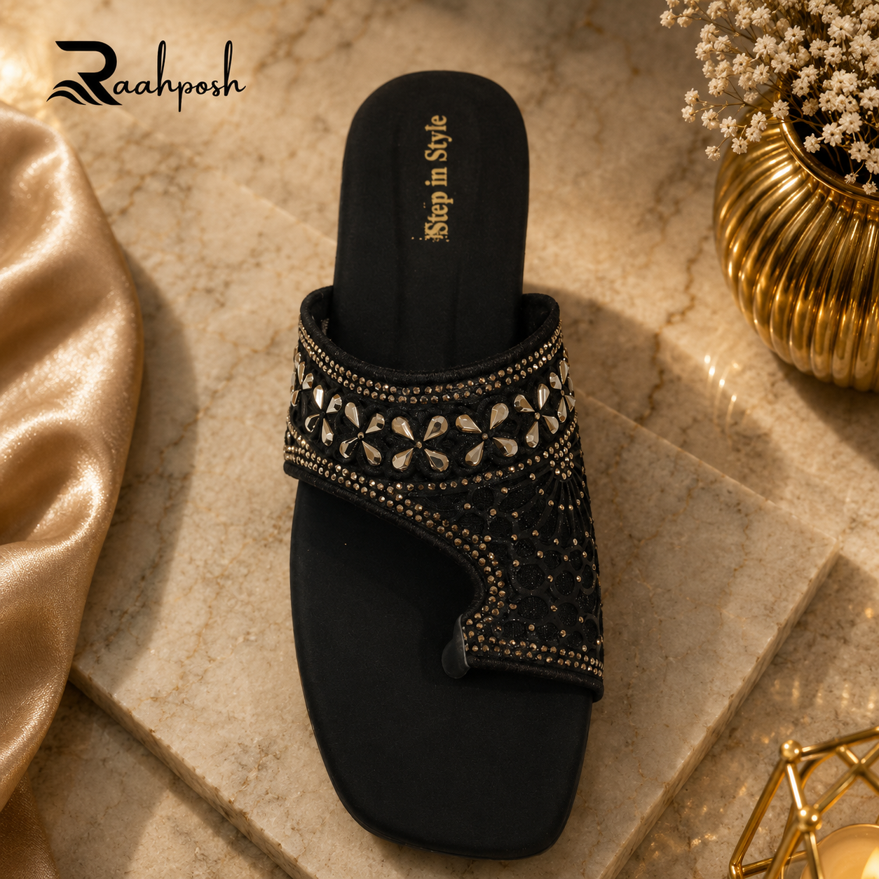 Raahposh Floral Radiance Women's Flats - Black, Golden & Silver