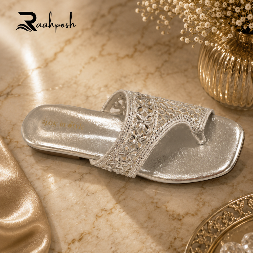 Raahposh Floral Radiance Women's Flats - Black, Golden & Silver