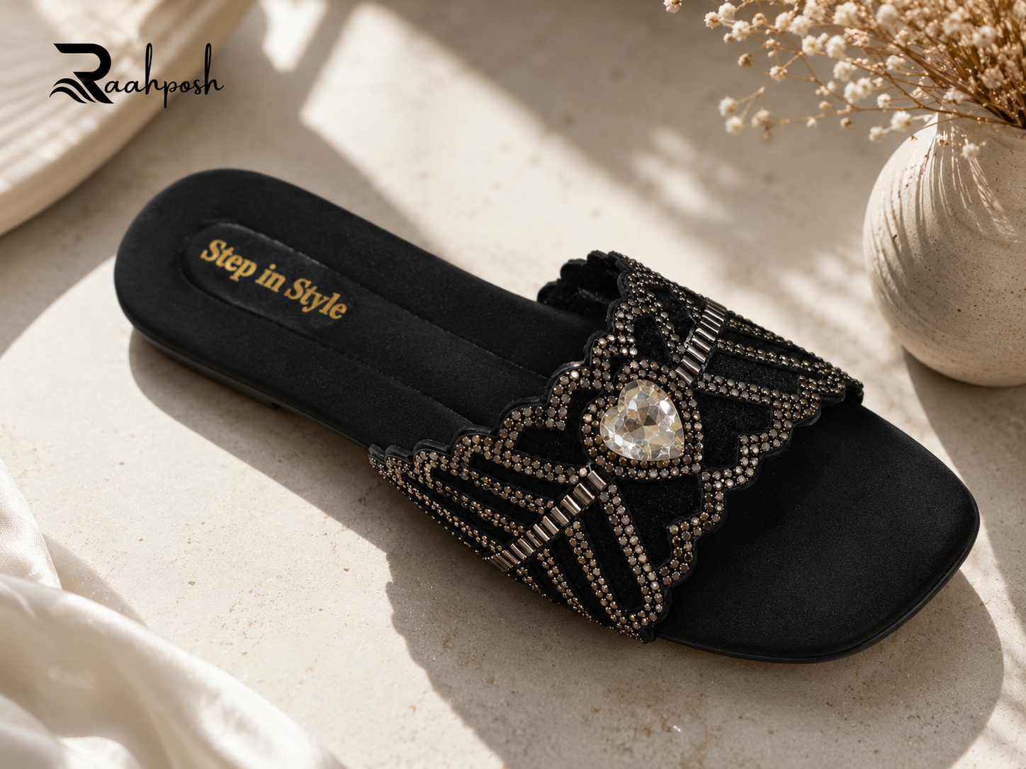 Raahposh Crystal Heart Luxe Women's Flats - Black, Golden & Silver