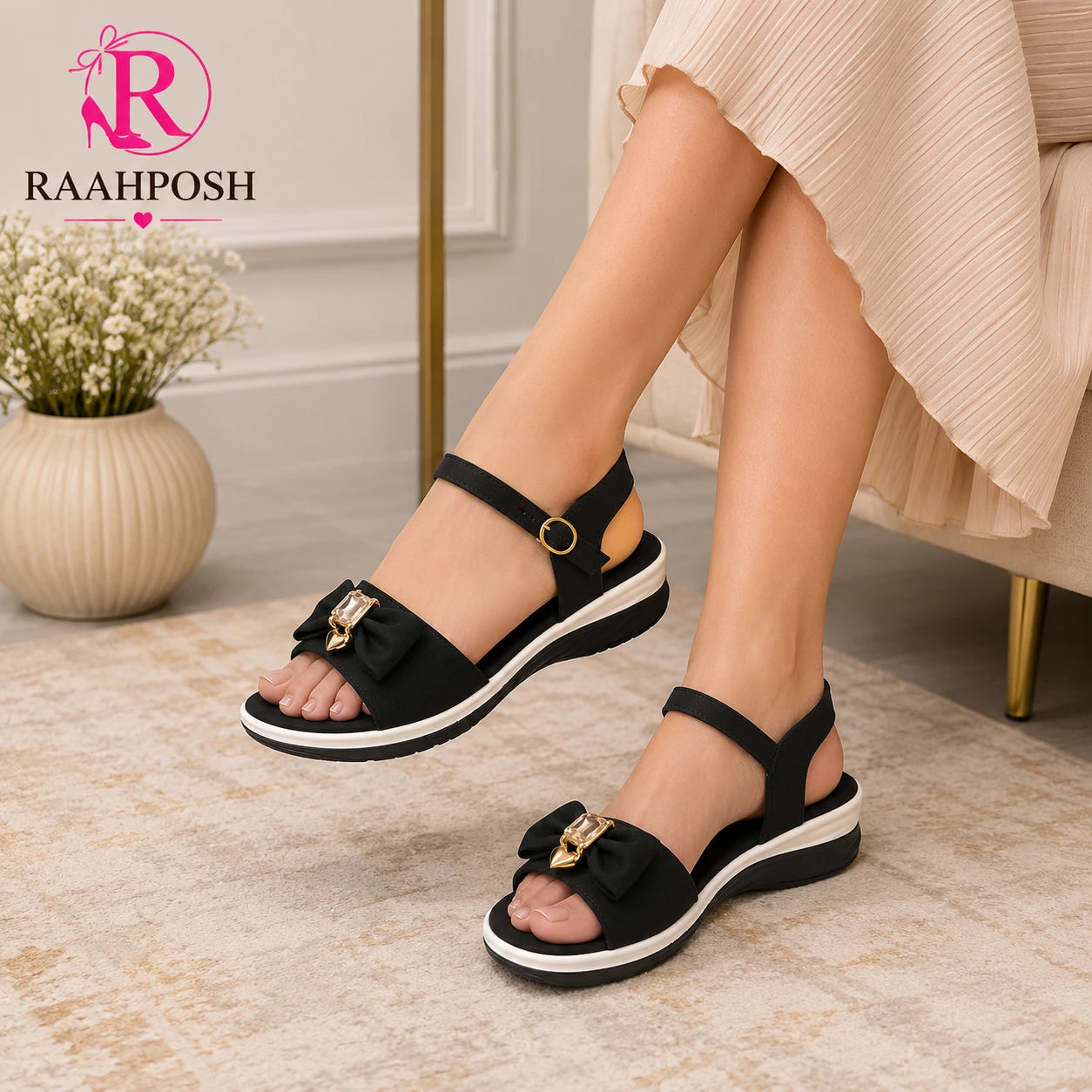 Raahposh Crystal Bow Comfort Sandals for Women – Soft Cushioned Ankle Strap Sandals