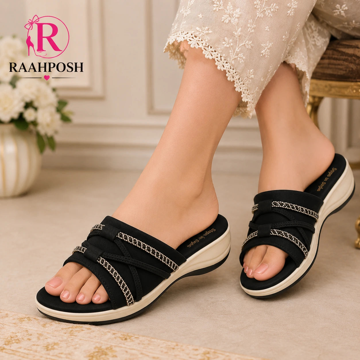Raahposh Crystal Cross Strap Comfort Slides for Women – Soft Cushioned Casual Slippers