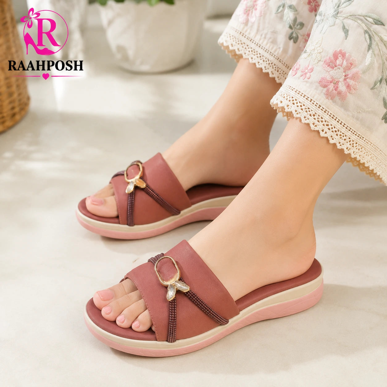 Raahposh Crystal Accent Comfort Slides for Women – Soft Cushioned Casual Slippers