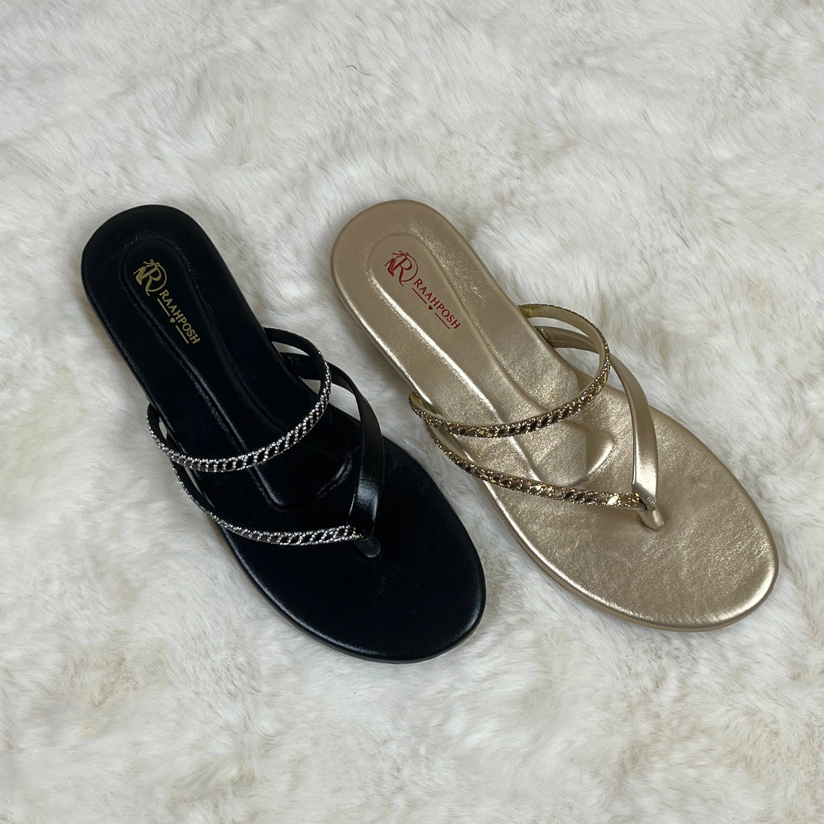 Raahposh Women’s Crystal Strap Flat – Elegant Ladies Flats in Black & Golden